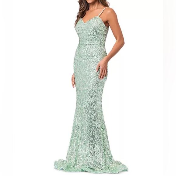 AQUA Formal Women’s Sequin Tie Back Floor Sweeping Gown Green Sz 10 - Picture 3 of 10